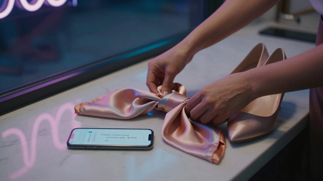 A woman&#039;s hands arranging accessories beside a phone with a client notification, reflecting city neon.