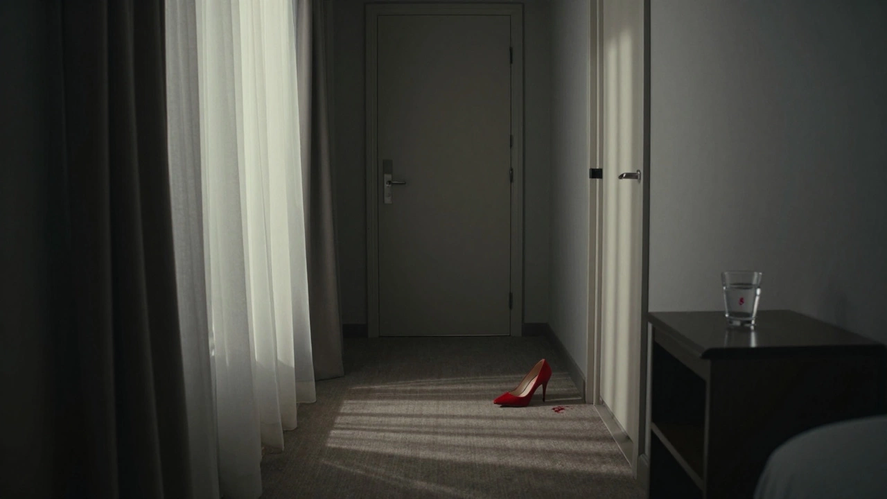 An empty hotel hallway at dawn with a single high heel left near a closed door.