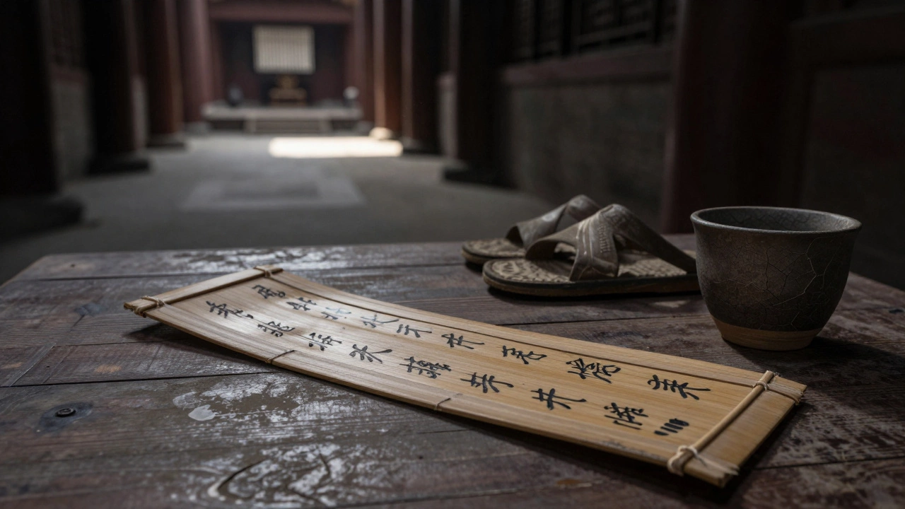 An old bamboo slip lies open on a wooden table with sandals and a clay cup nearby, in a dim temple corridor.